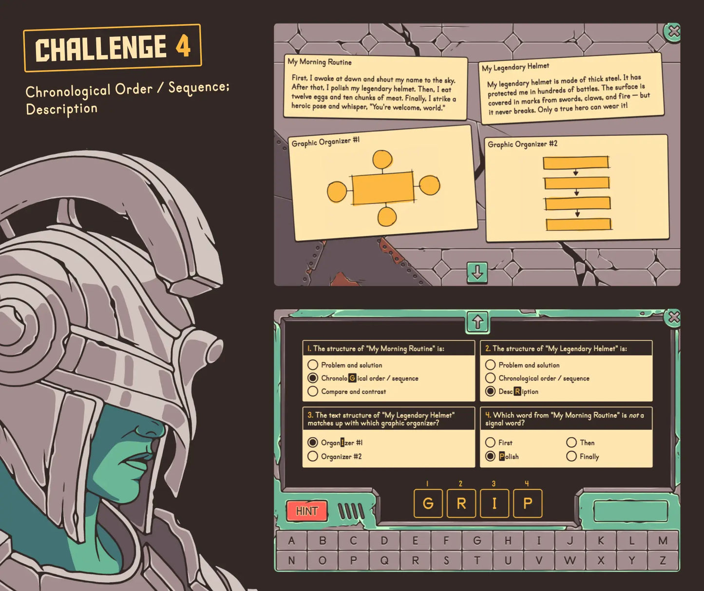 Online text structures test prep game covering chronological order, sequence, and description passages — with a multiple choice quiz section.