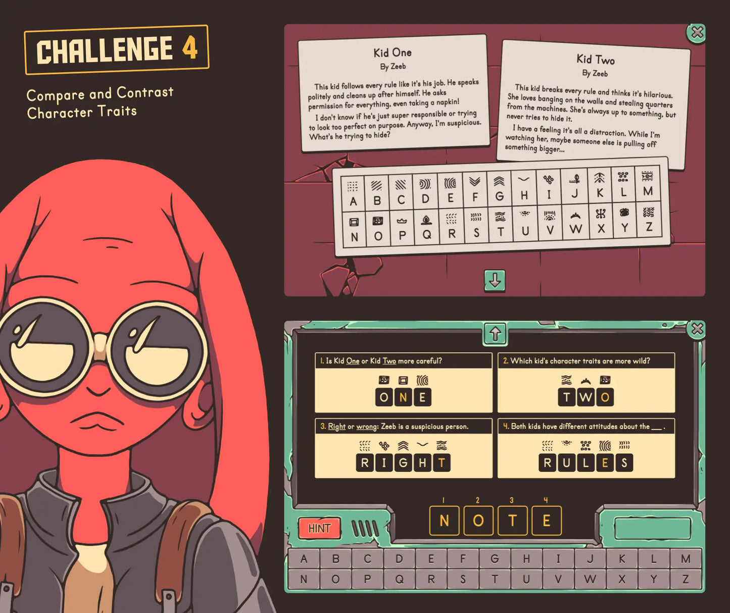 Online character traits test prep game covering comparing and contrasting passages, with a secret code puzzle section.