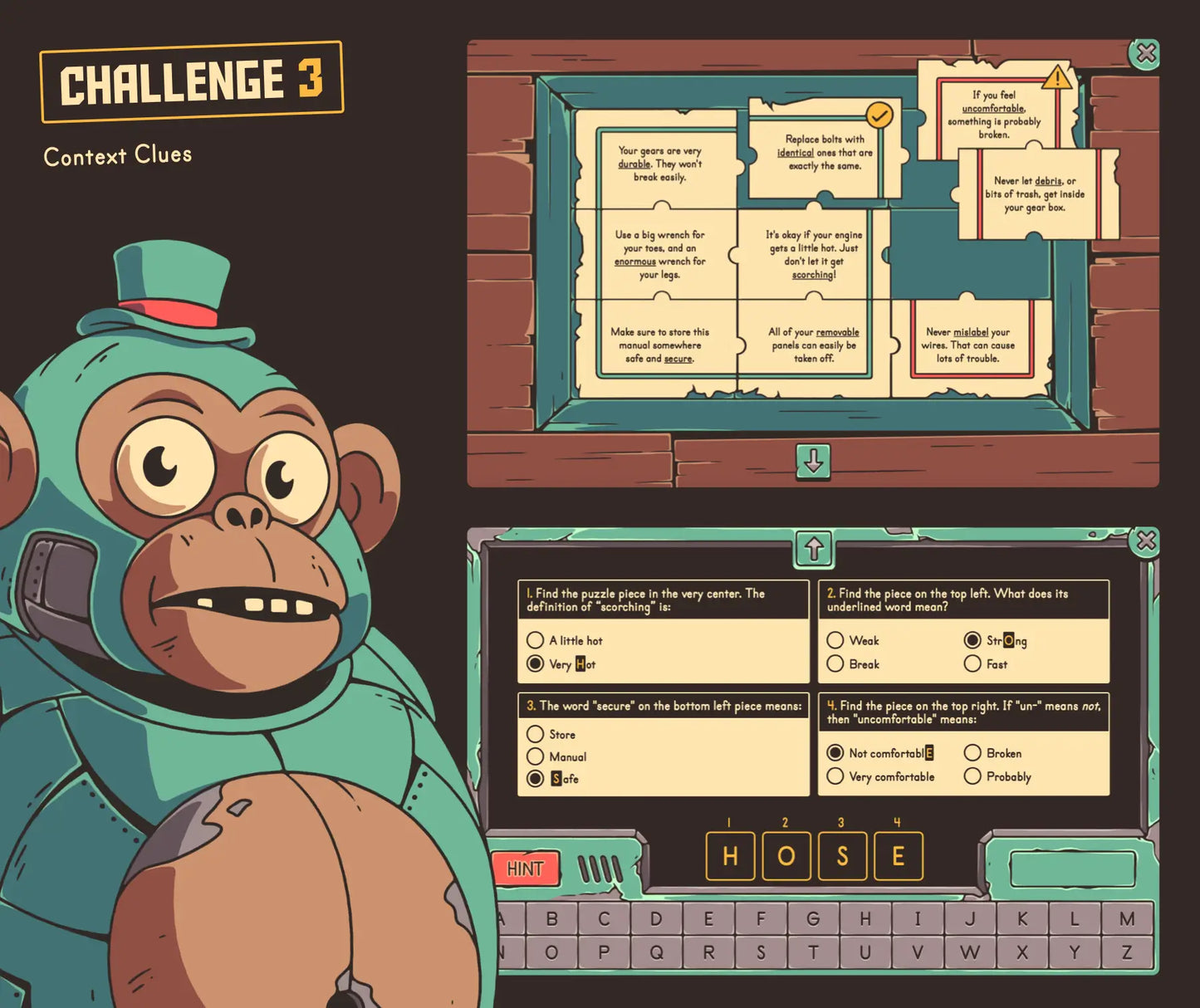 Virtual 3rd grade context clues game with a drag-and-drop puzzle and multiple-choice reading quiz.