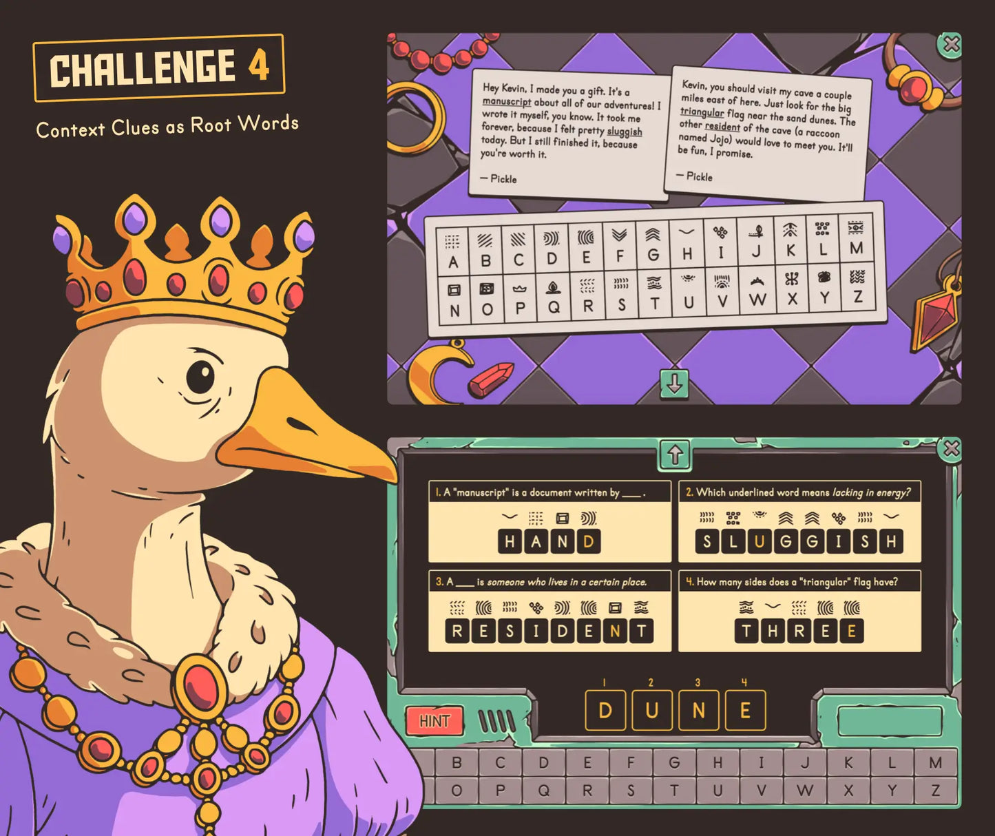 Virtual context clues as root words game for 4th and 5th grade reading comprehension review.