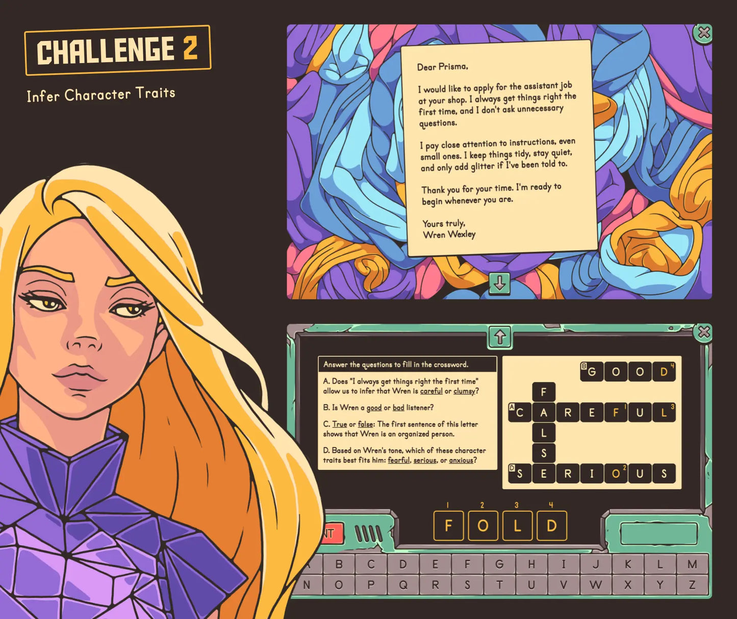Virtual reading game for 4th and 5th grade covering inferring character traits.