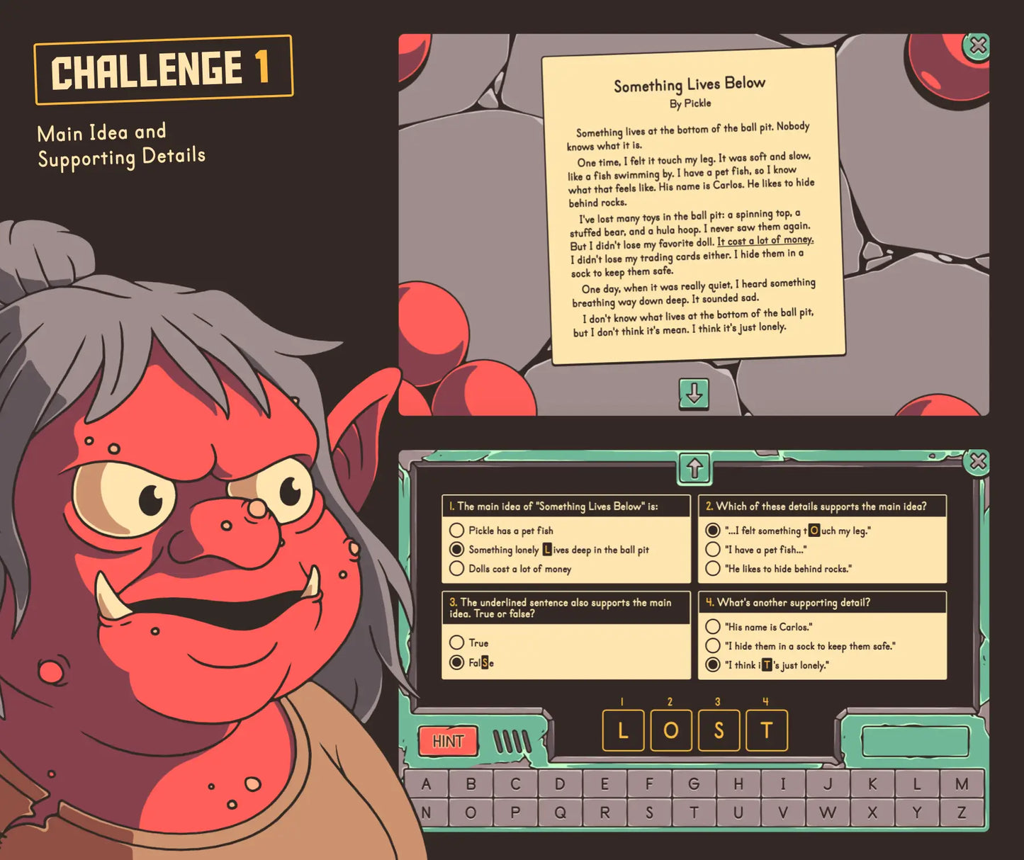 Virtual main idea and supporting details game with a reading passage and multiple-choice questions, designed at a third grade difficulty level.