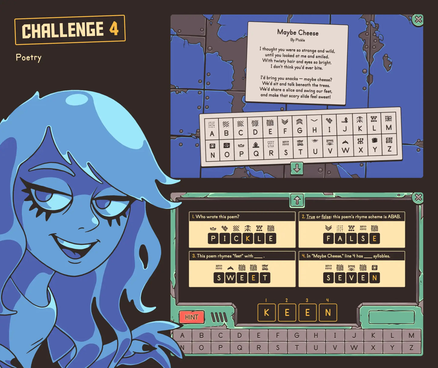 Digital poetry review game focused on poet, rhyme scheme, and syllables — with a secret code and cryptogram section.