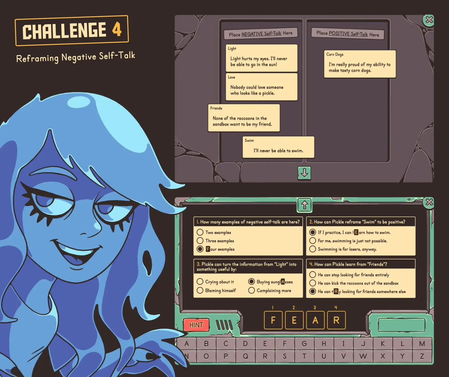 Online growth mindset game focused on reframing negative self-talk, with a sorting activity and multiple-choice quiz.