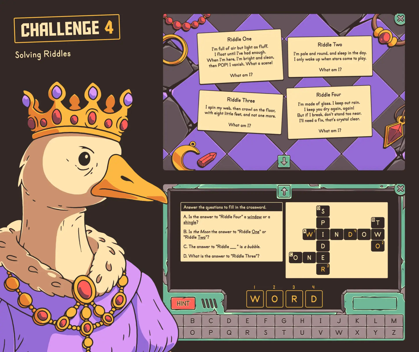 Digital solving riddles game with 4th and 5th grade making inferences questions and a crossword puzzle.