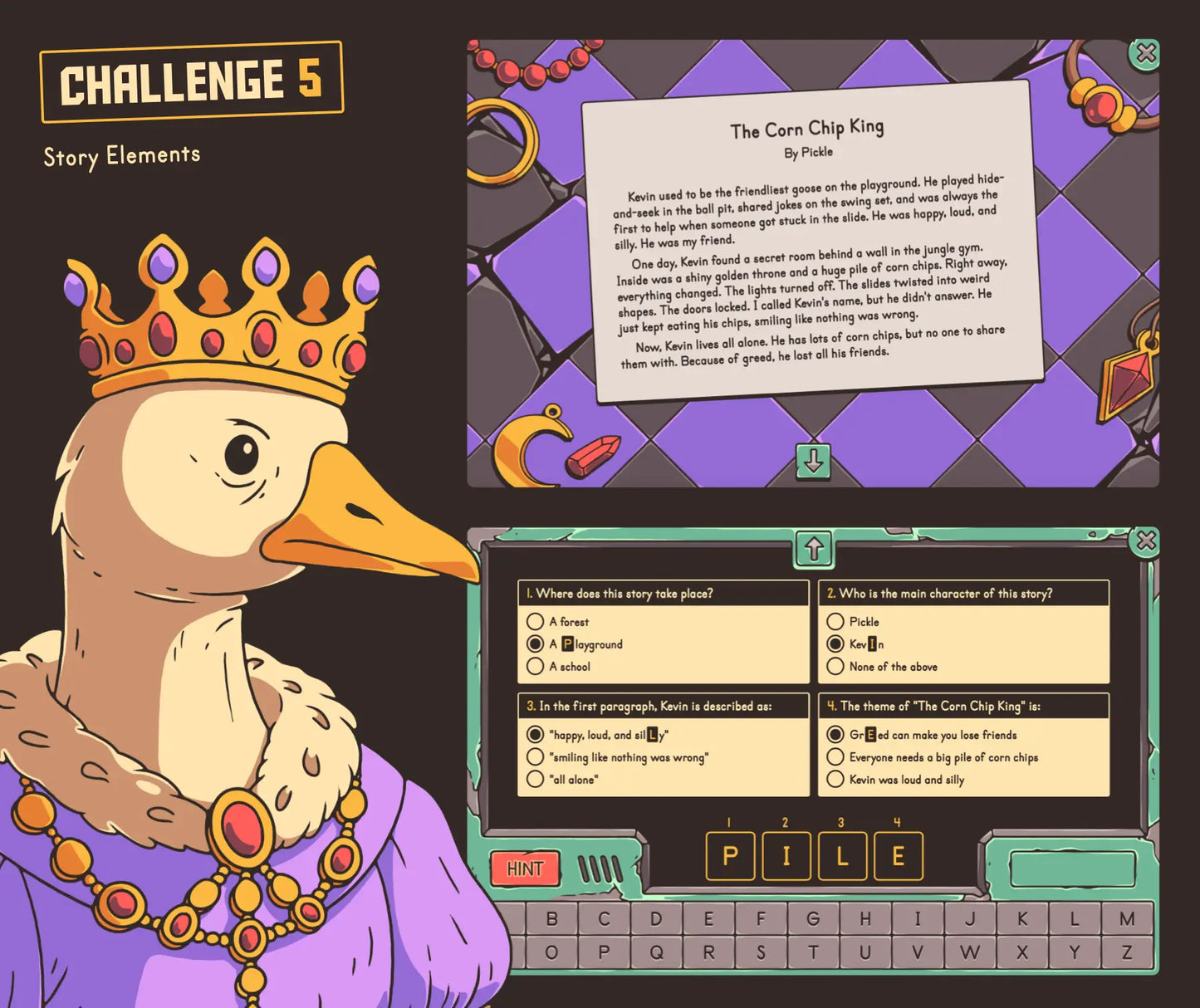 Digital story elements escape room activity for 3rd grade reading, with short narrative story and multiple-choice section.