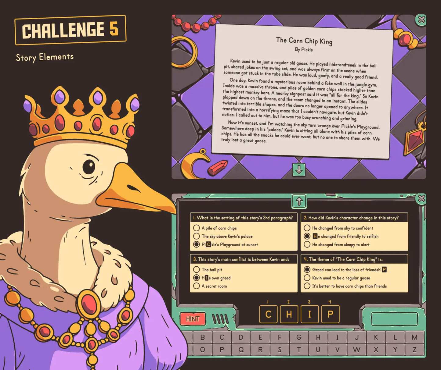 Digital story elements escape room activity for 5th grade reading, with short narrative story and multiple-choice section.