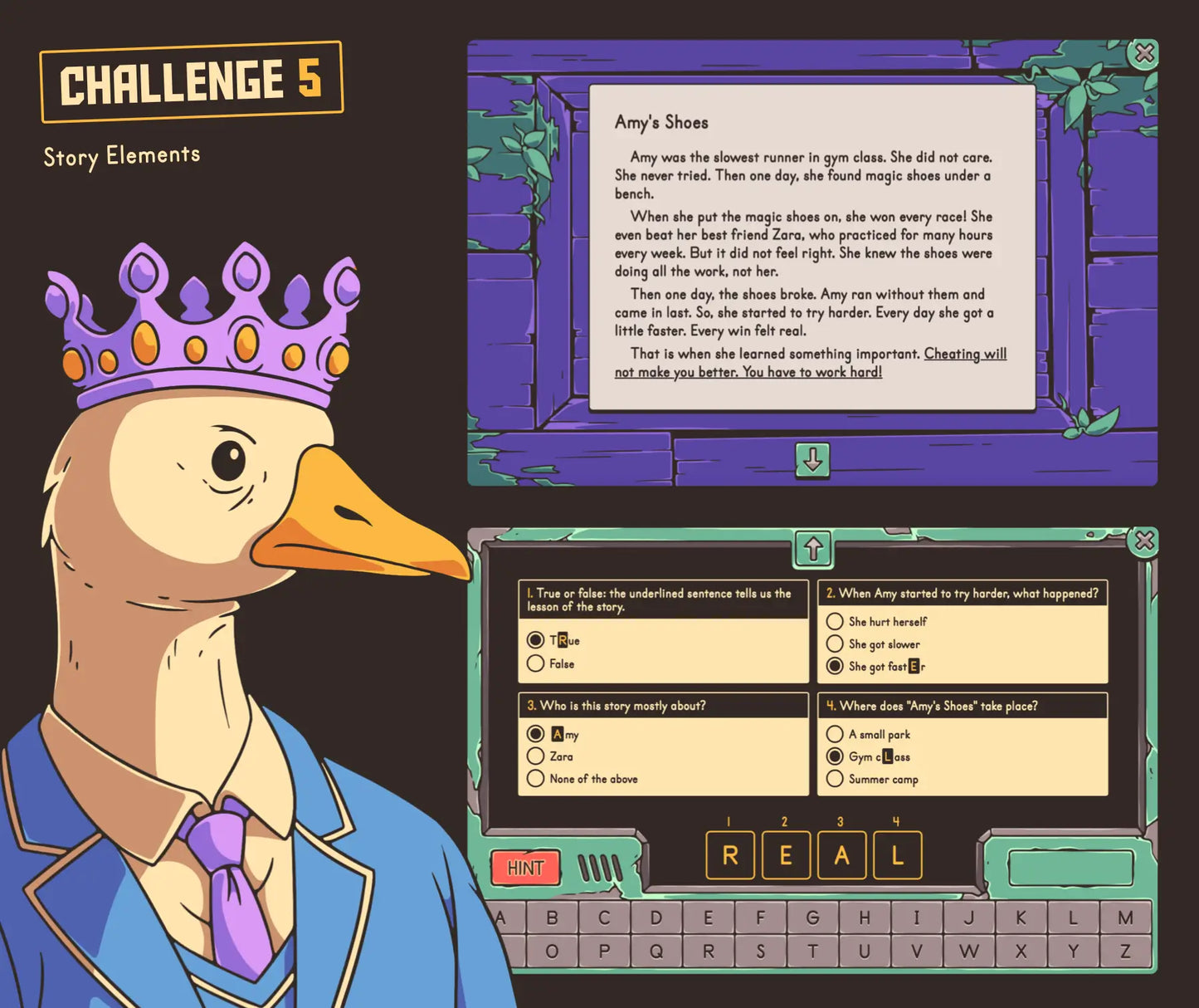 Online end-of-year escape room for second grade classrooms, with a story elements challenge and multiple-choice quiz.