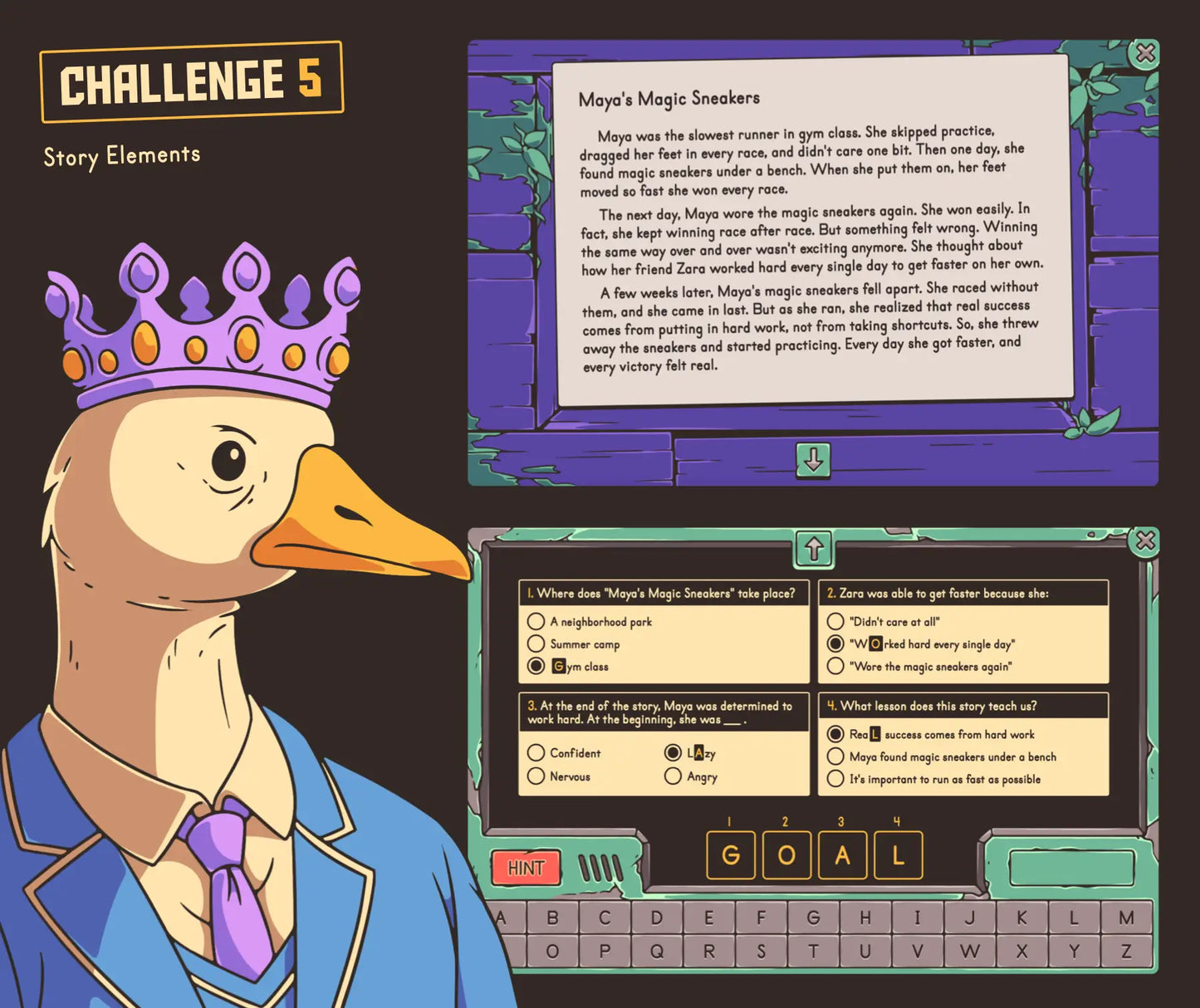 Online end-of-year escape room for fourth grade classrooms, with a story elements challenge and multiple-choice quiz.