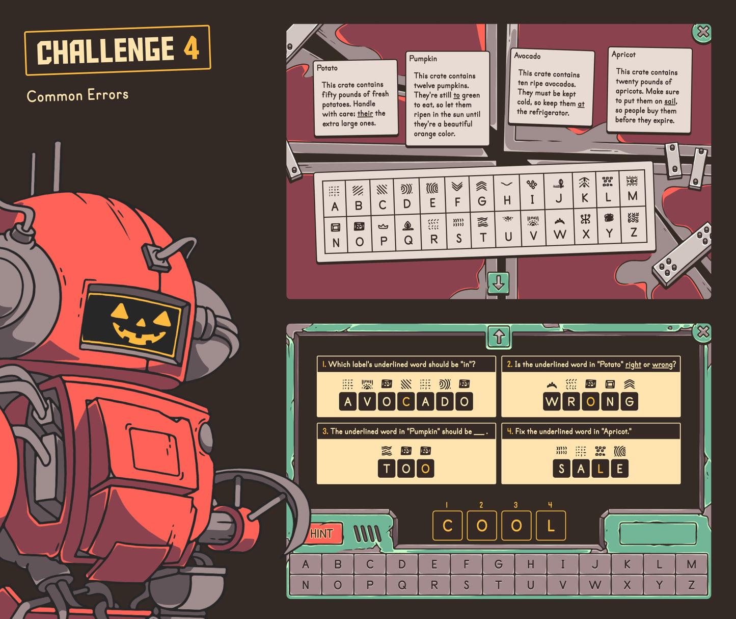Digital grammar escape room challenge focused on common errors, with a 4th-5th grade level cryptogram and secret code.