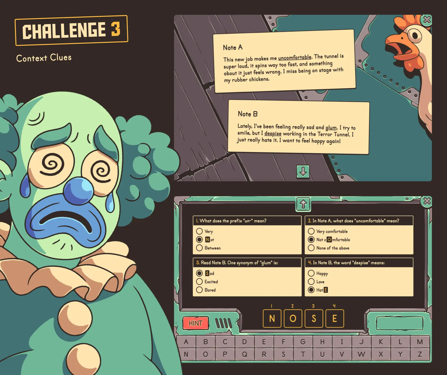 Virtual Halloween context clues activity with a creepy clown, reading comprehension passages, and a 3rd grade quiz.