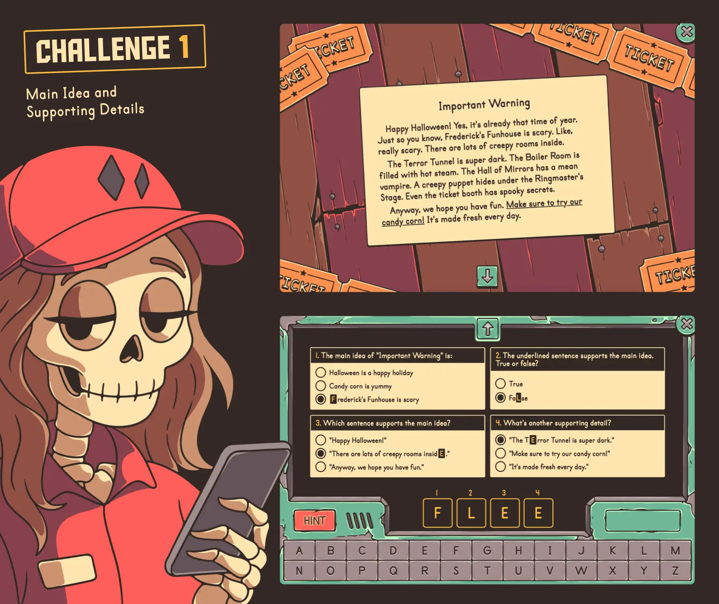 Halloween main idea and supporting details escape room challenge, with a multiple-choice section.
