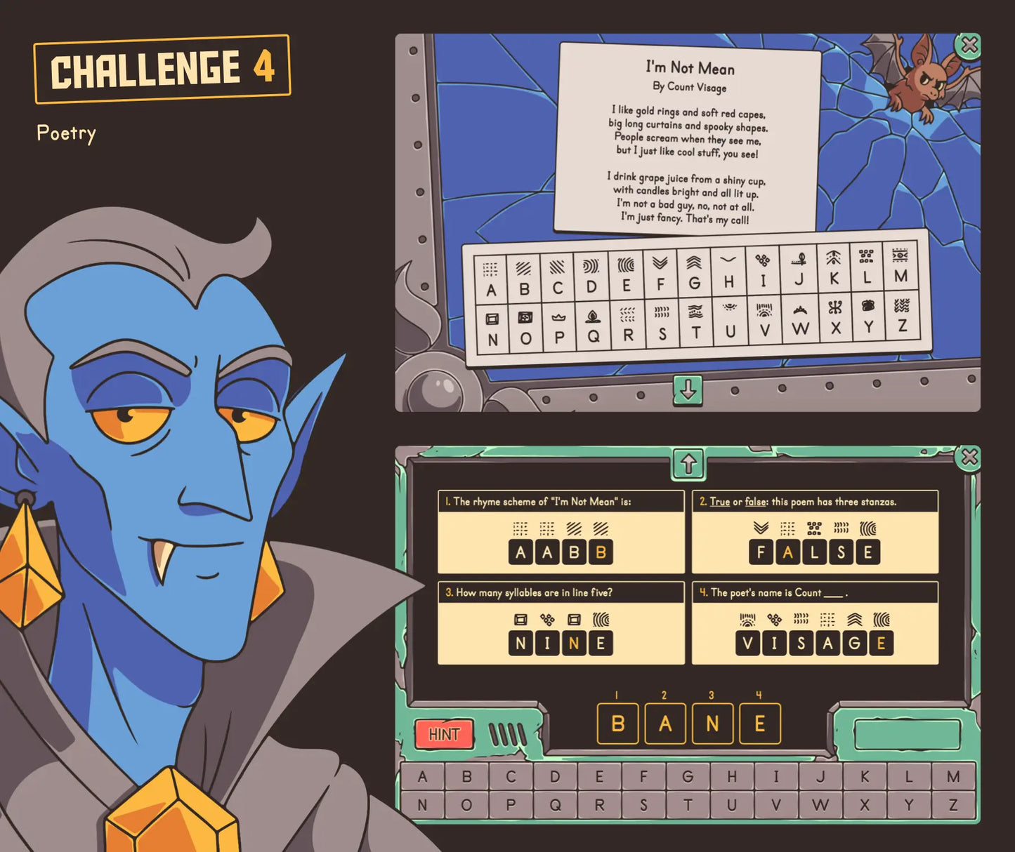 Digital 3rd grade poetry review game with a Halloween poem, secret code, and cryptogram.