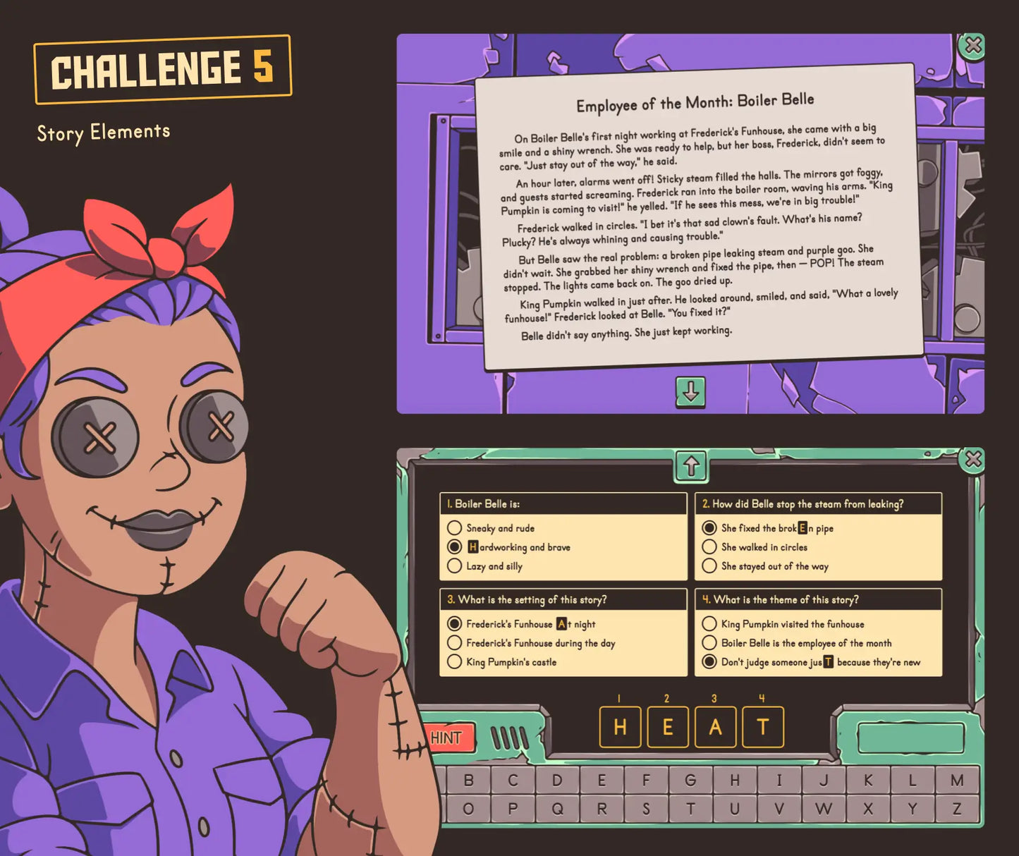Digital Halloween-themed story elements game with a 3rd grade reading passage and multiple-choice answer section.