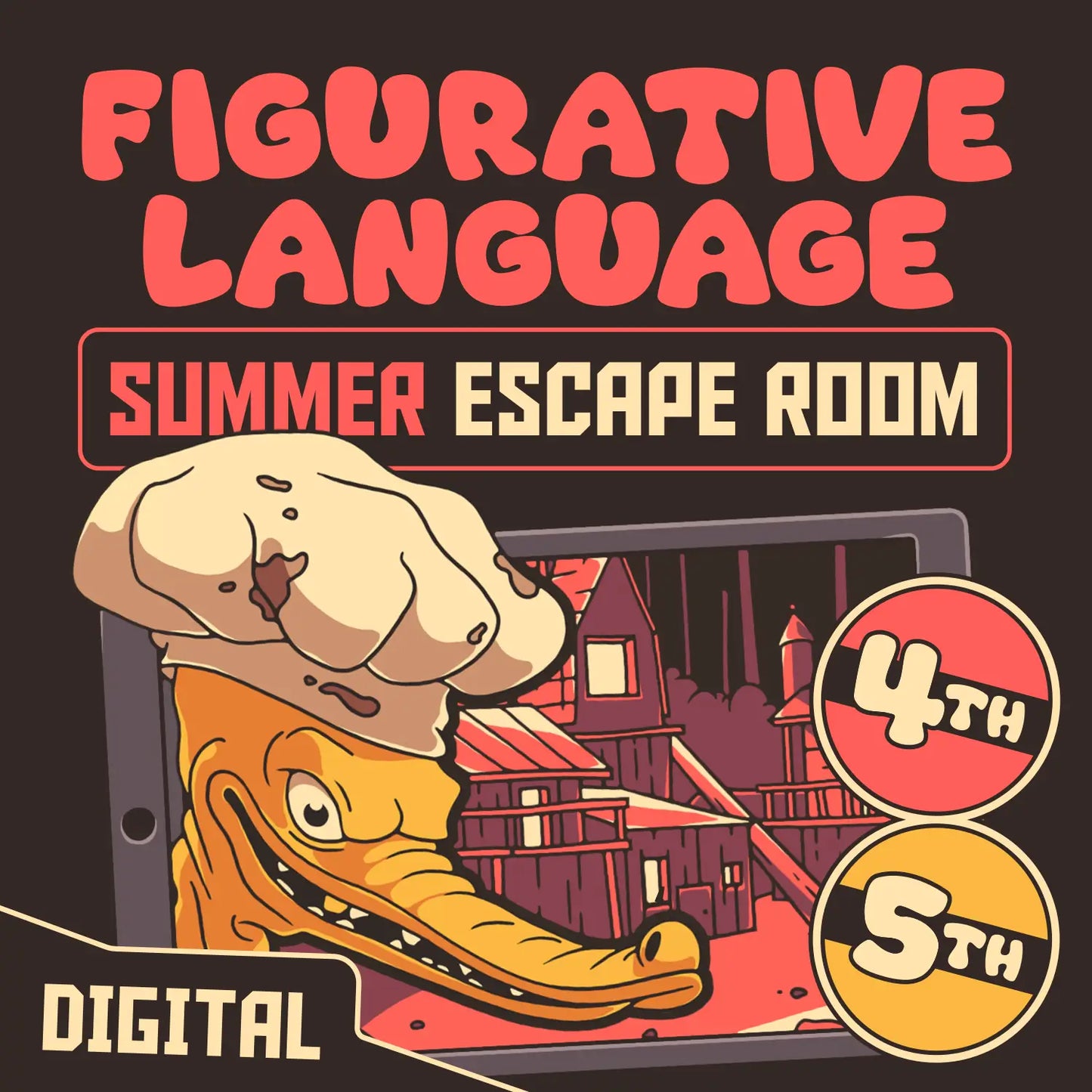 Digital 4th and 5th grade figurative language escape room for summer and end-of-year test prep, with the title "Puzzle Punks: Camp Calamari."