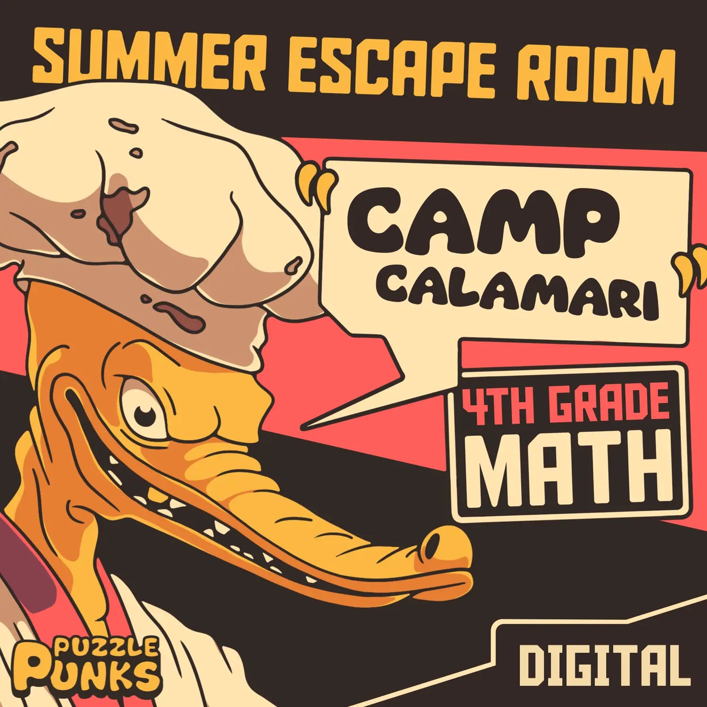 4th grade summer escape room for math test prep, called "Puzzle Punks: Camp Calamari."