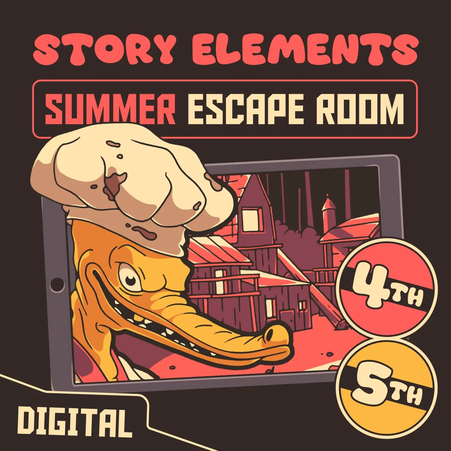 Digital 4th and 5th grade story elements escape room for summer and end-of-year test prep, with the title "Puzzle Punks: Camp Calamari."