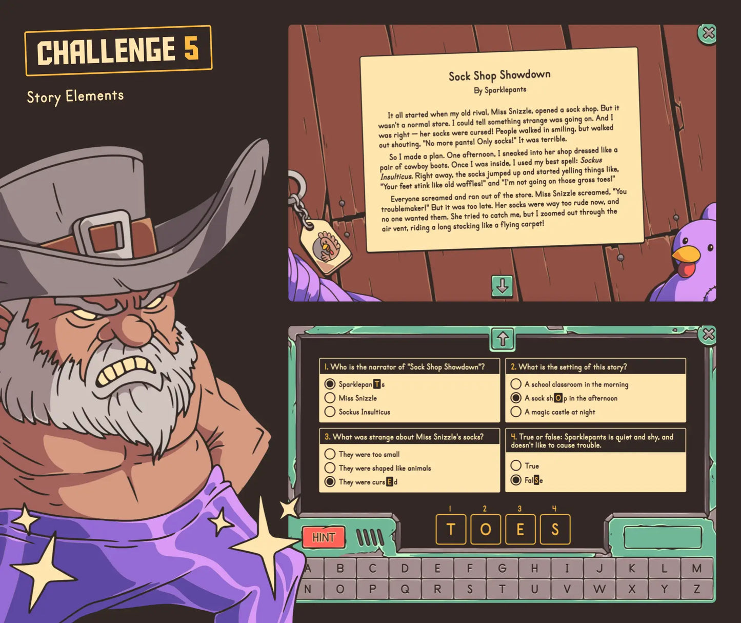 Virtual Thanksgiving story elements game for autumn-themed 3rd grade ELA review, with a reading comprehension passage and multiple-choice section.