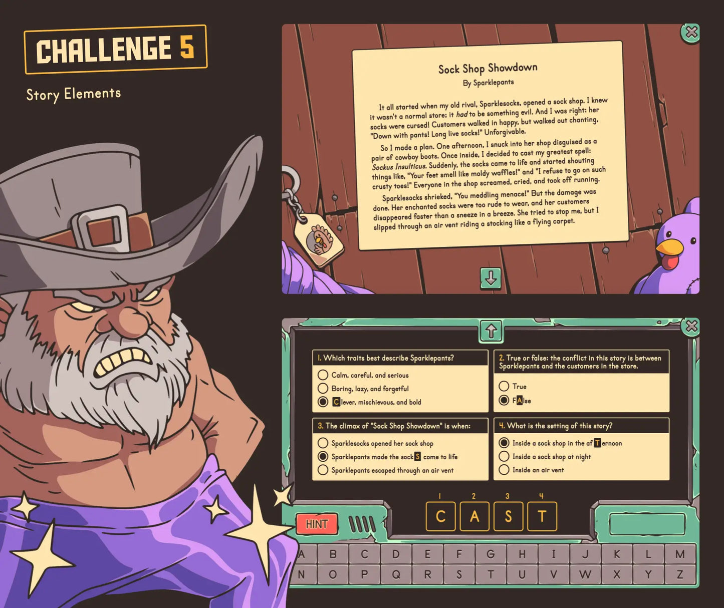 Virtual Thanksgiving story elements game for autumn-themed 4th grade ELA review, with a reading comprehension passage and multiple-choice section.