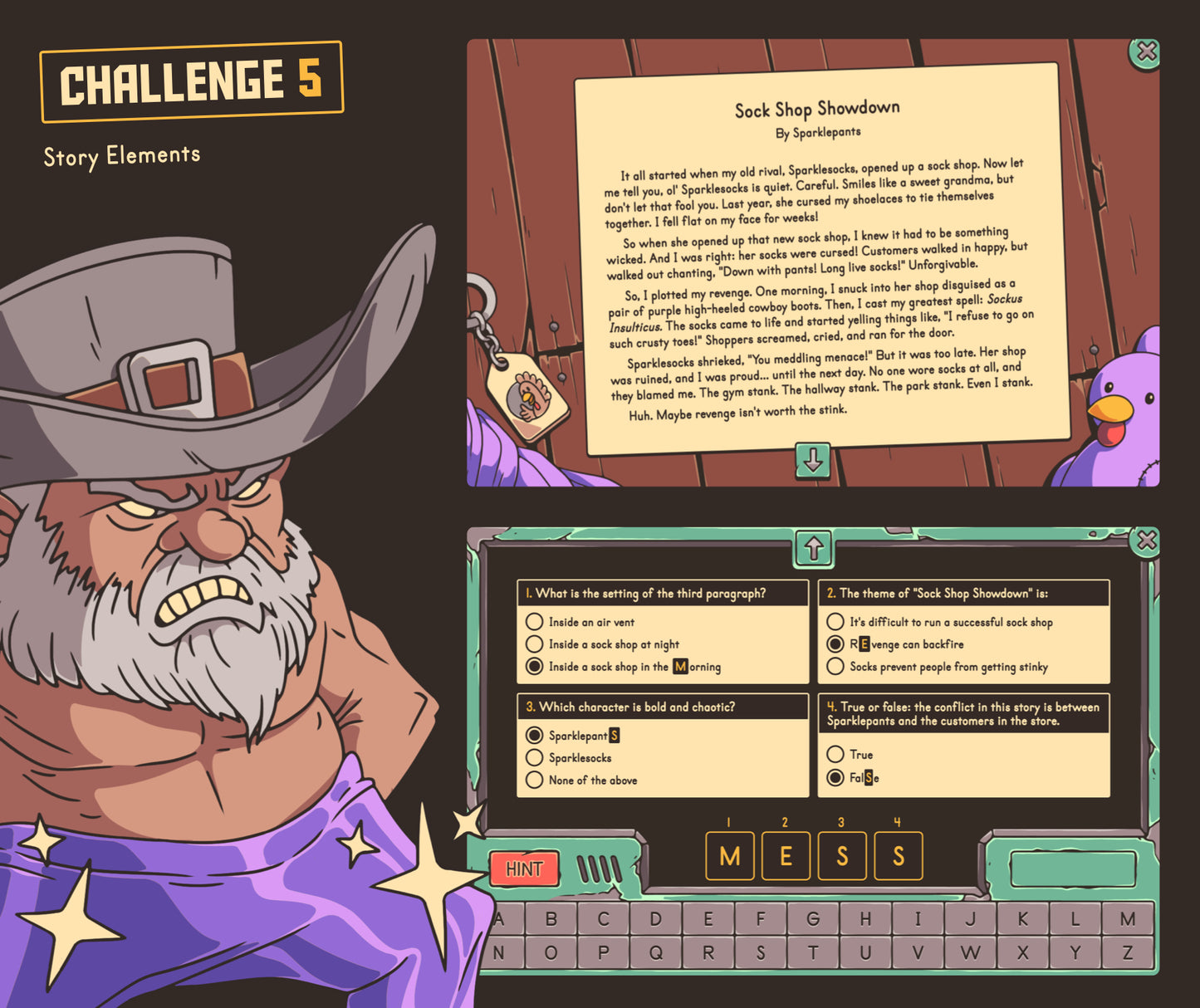 Virtual Thanksgiving story elements game for autumn-themed 5th grade ELA review, with a reading comprehension passage and multiple-choice section.