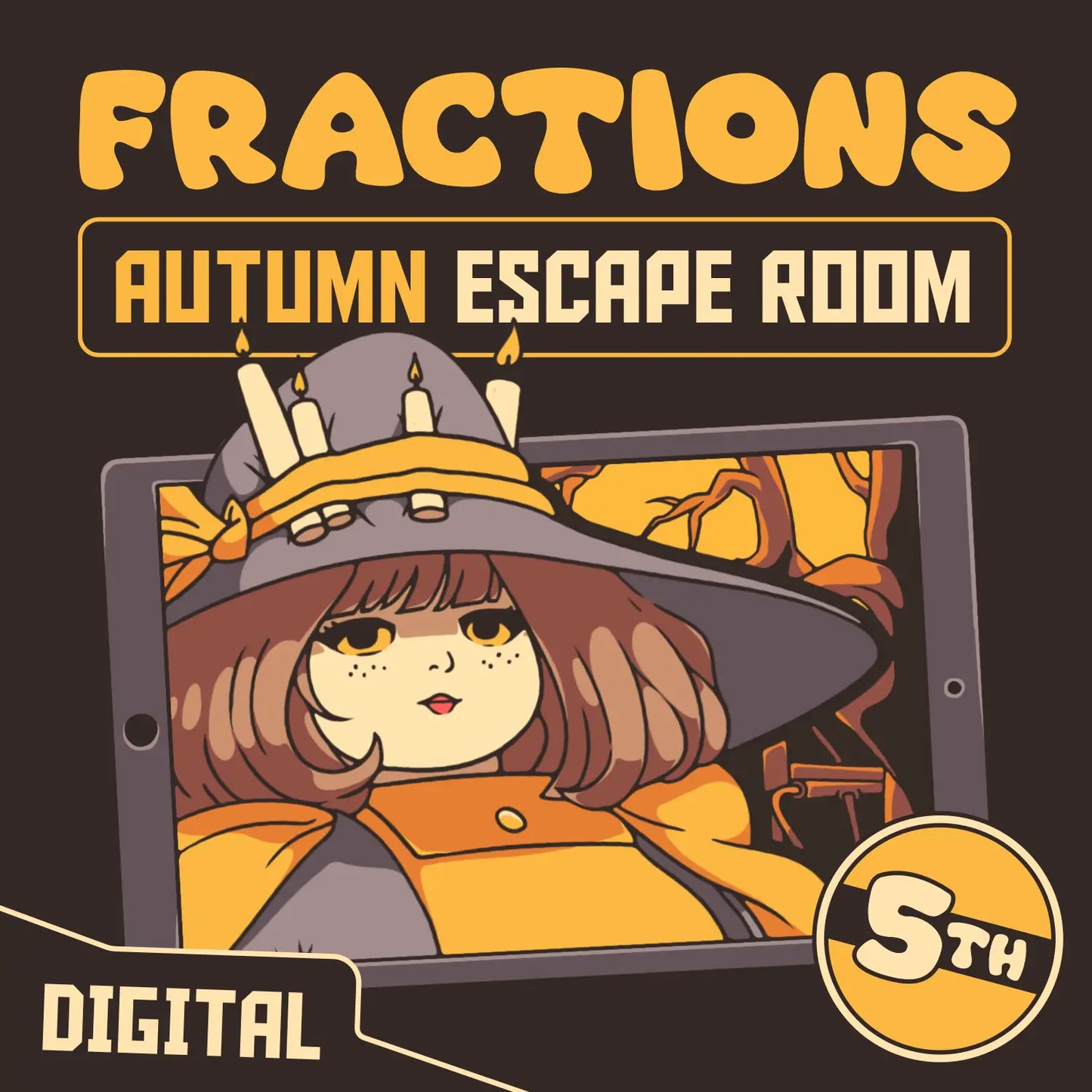 Digital fall escape room for 5th grade fractions, entitled "Puzzle Punks: Escape the Midnight Mall."