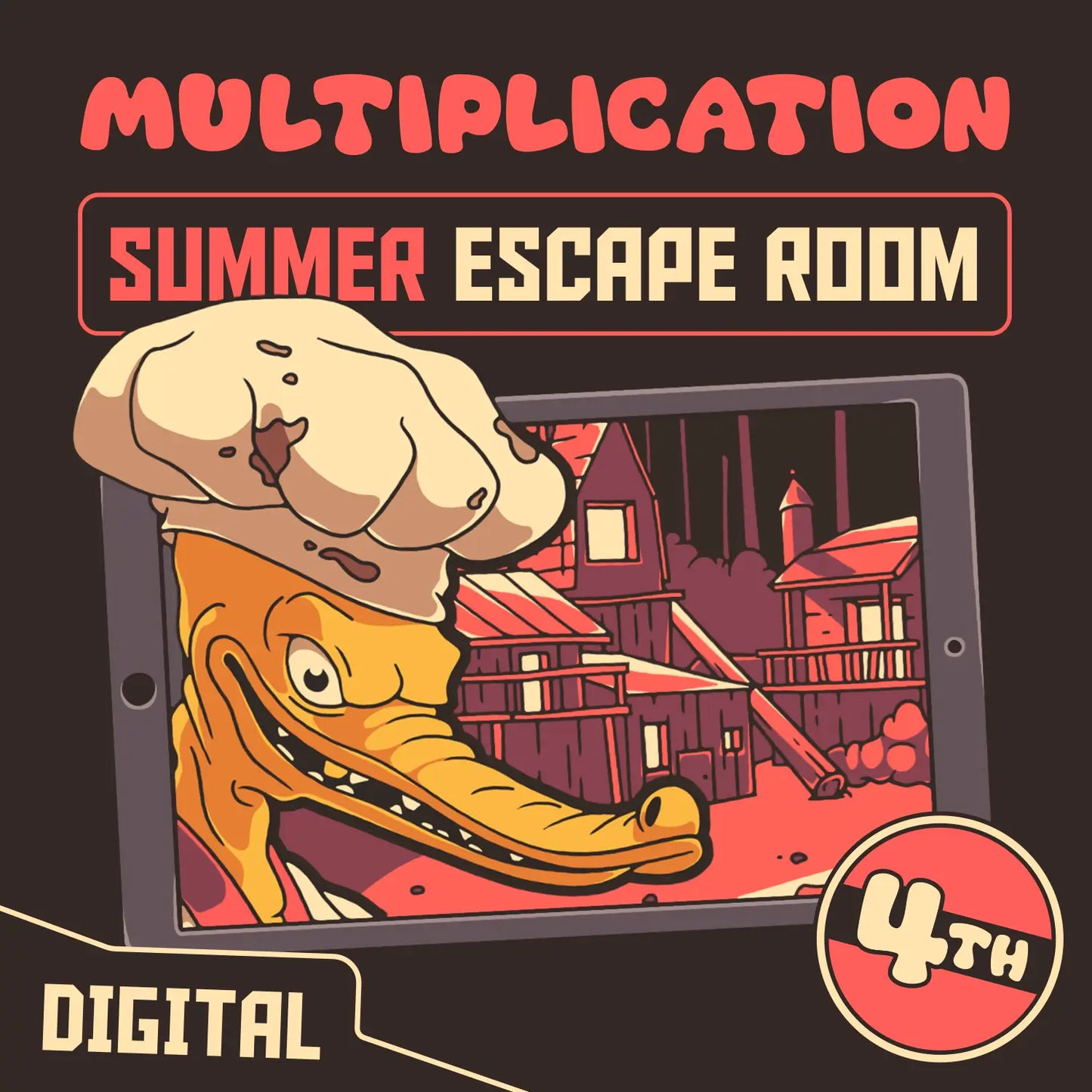 Digital multiplication escape room for 4th grade with a summer theme, titled "Puzzle Punks: Camp Calamari."