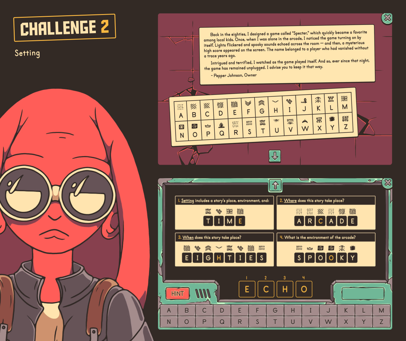 Virtual setting activity with cryptogram-based questions.