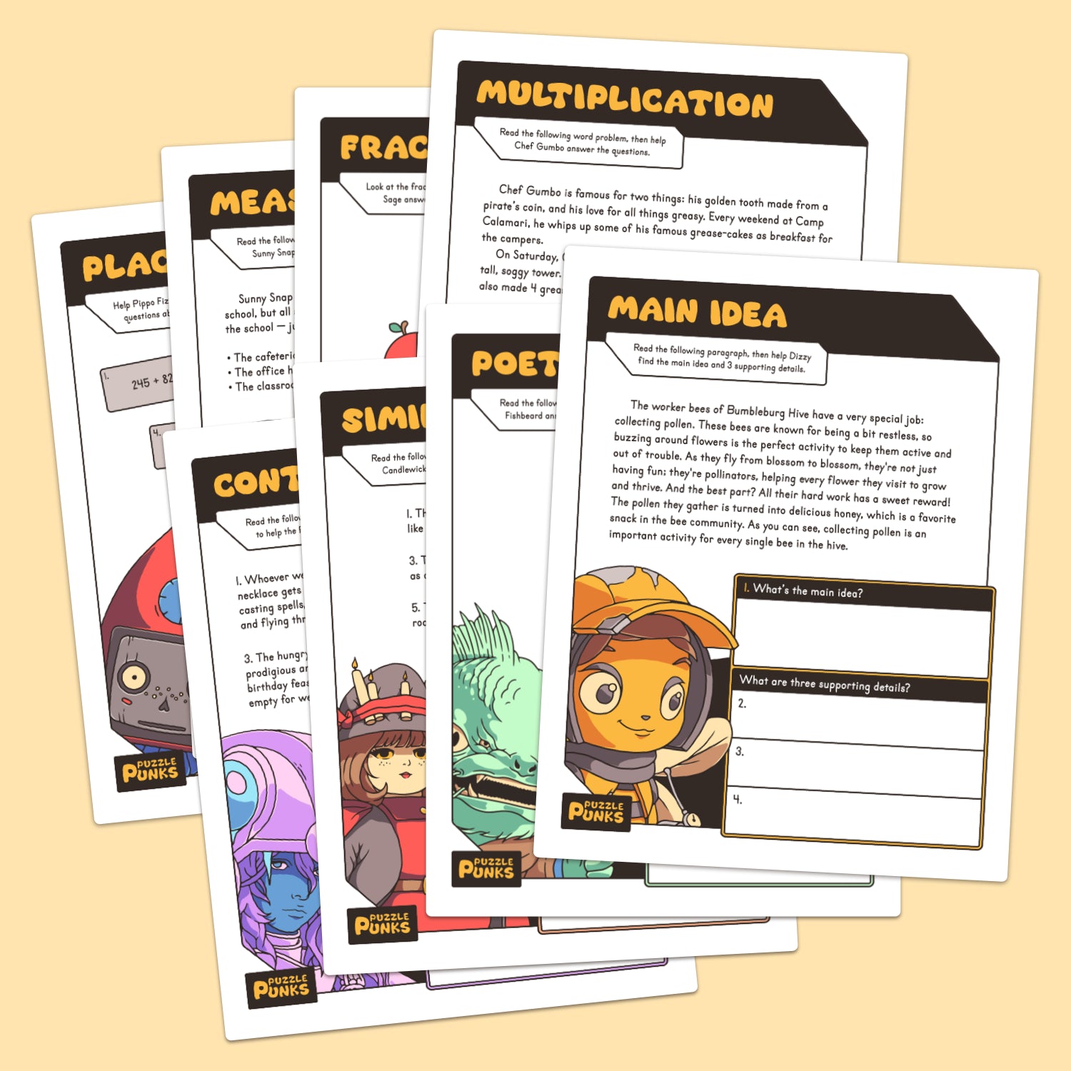 A group of math and reading challenge sheets, covering multiplication, fractions, main idea, and more.