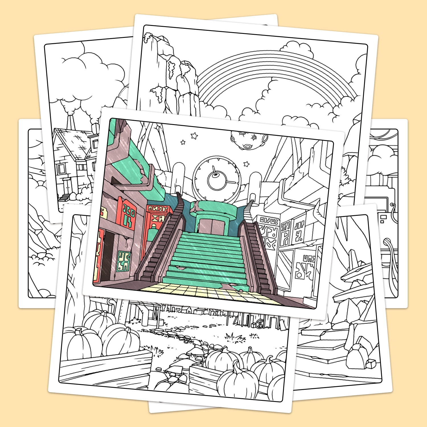 Coloring pages showing scenes from the Puzzle Punks escape rooms.
