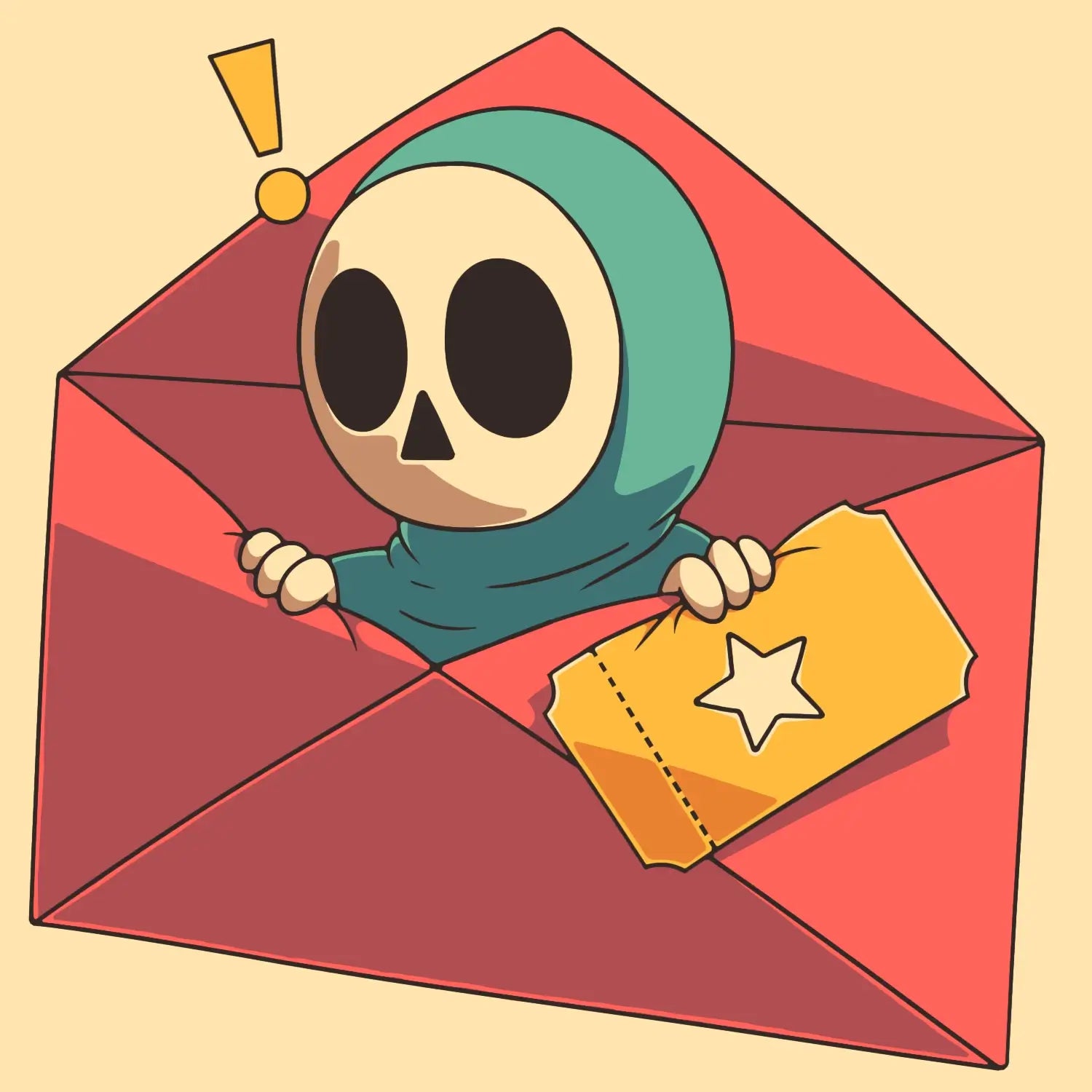J.J. Crispy emerging from a giant envelope, signifying a mailing list with tips and coupons.