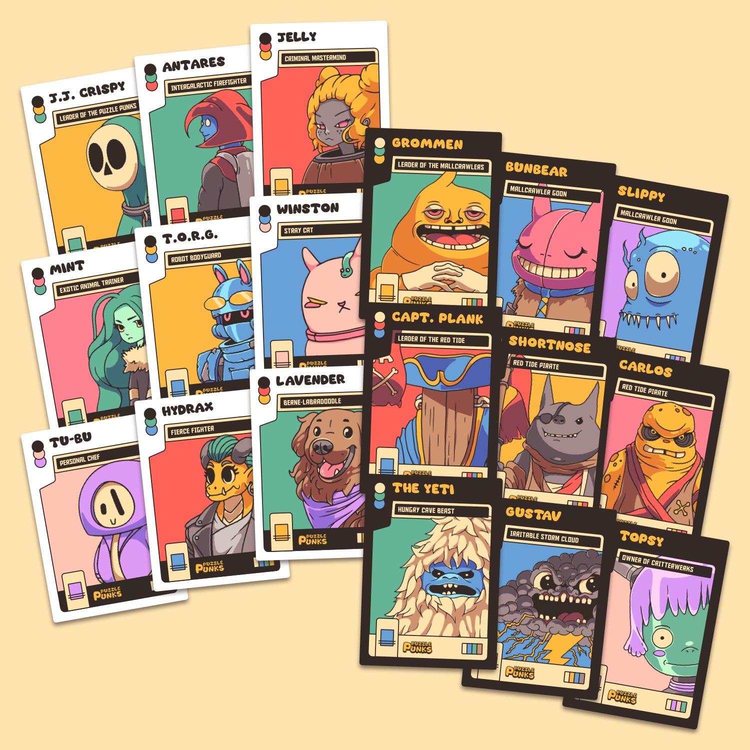 Printable trading cards containing a variety of quirky, colorful characters.