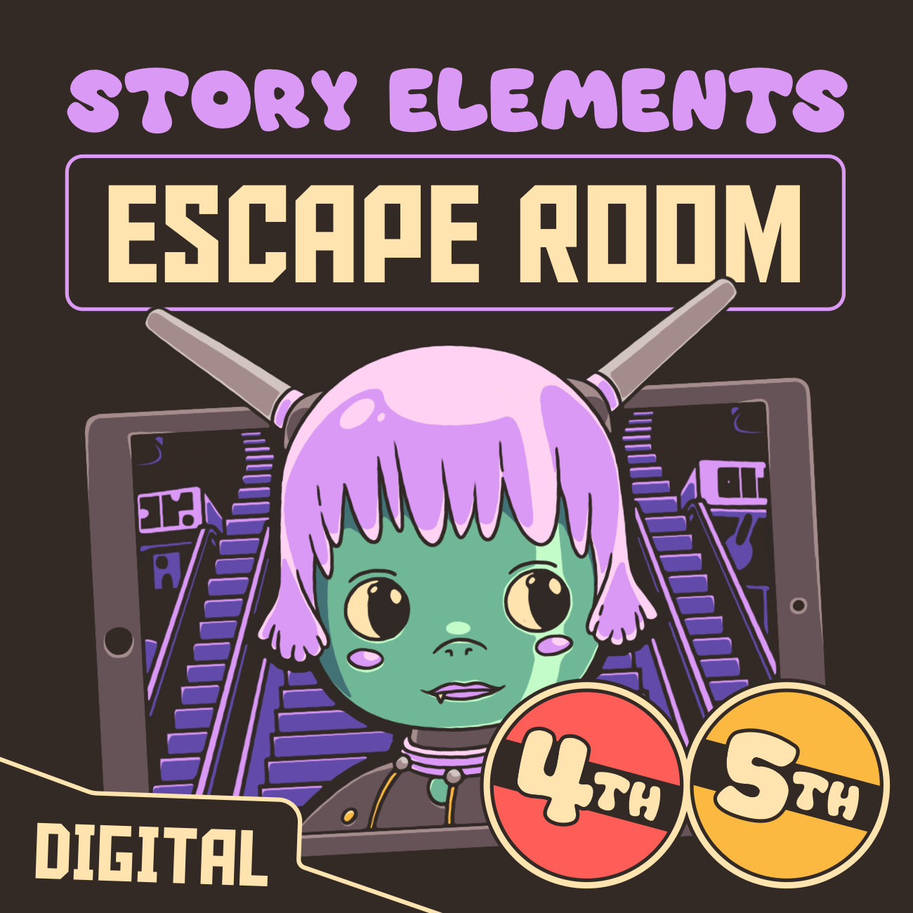 Cover image for a virtual story elements escape room labeled for 4th and 5th grade classrooms.