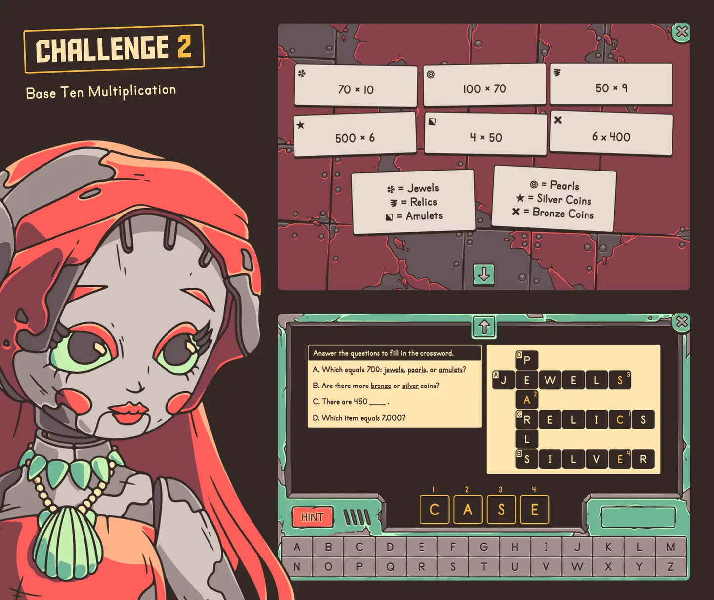 Online base ten multiplication test prep activity, with a summer theme and an encoded crossword puzzle.