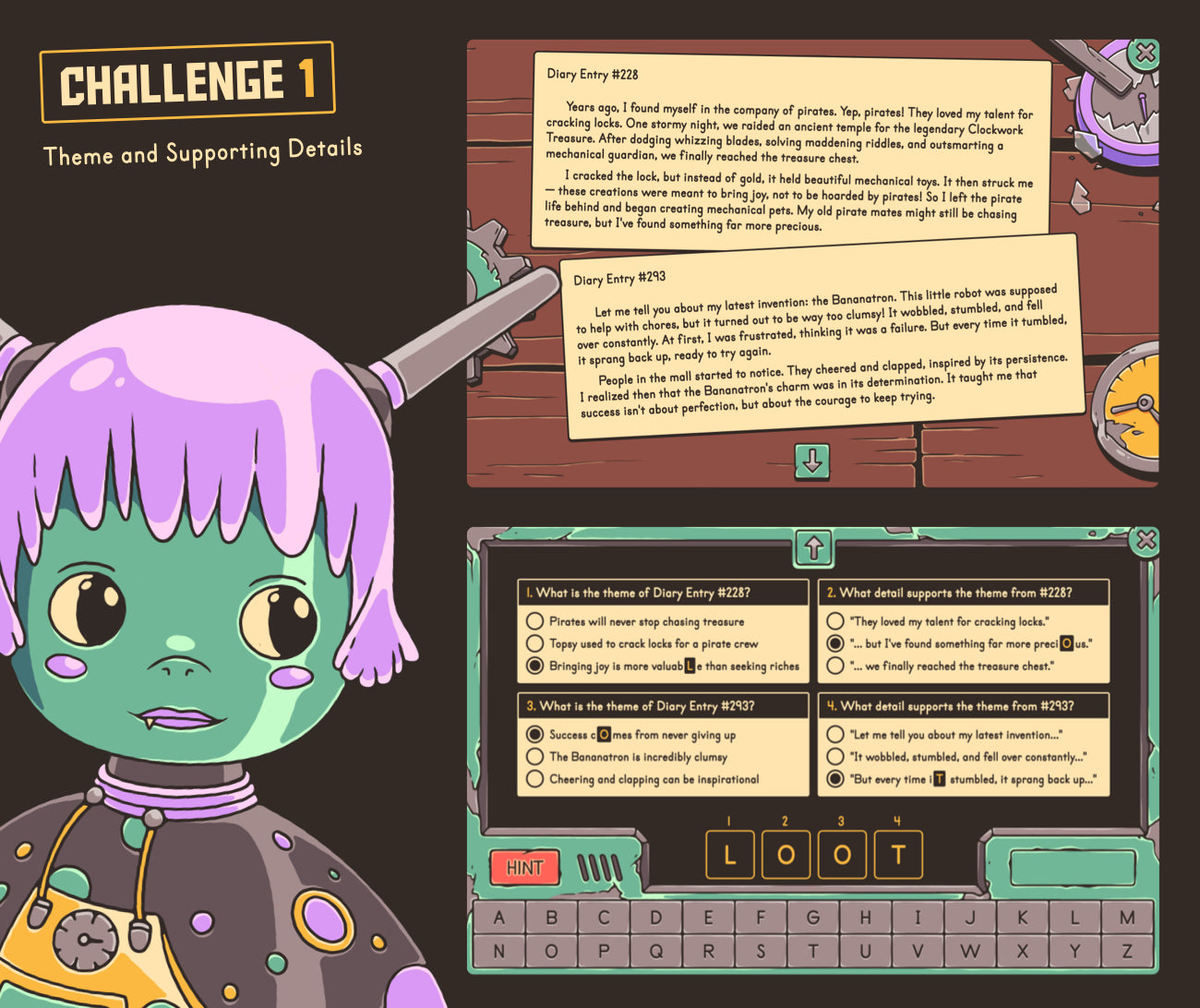 Virtual theme and supporting details activity with multiple-choice questions.