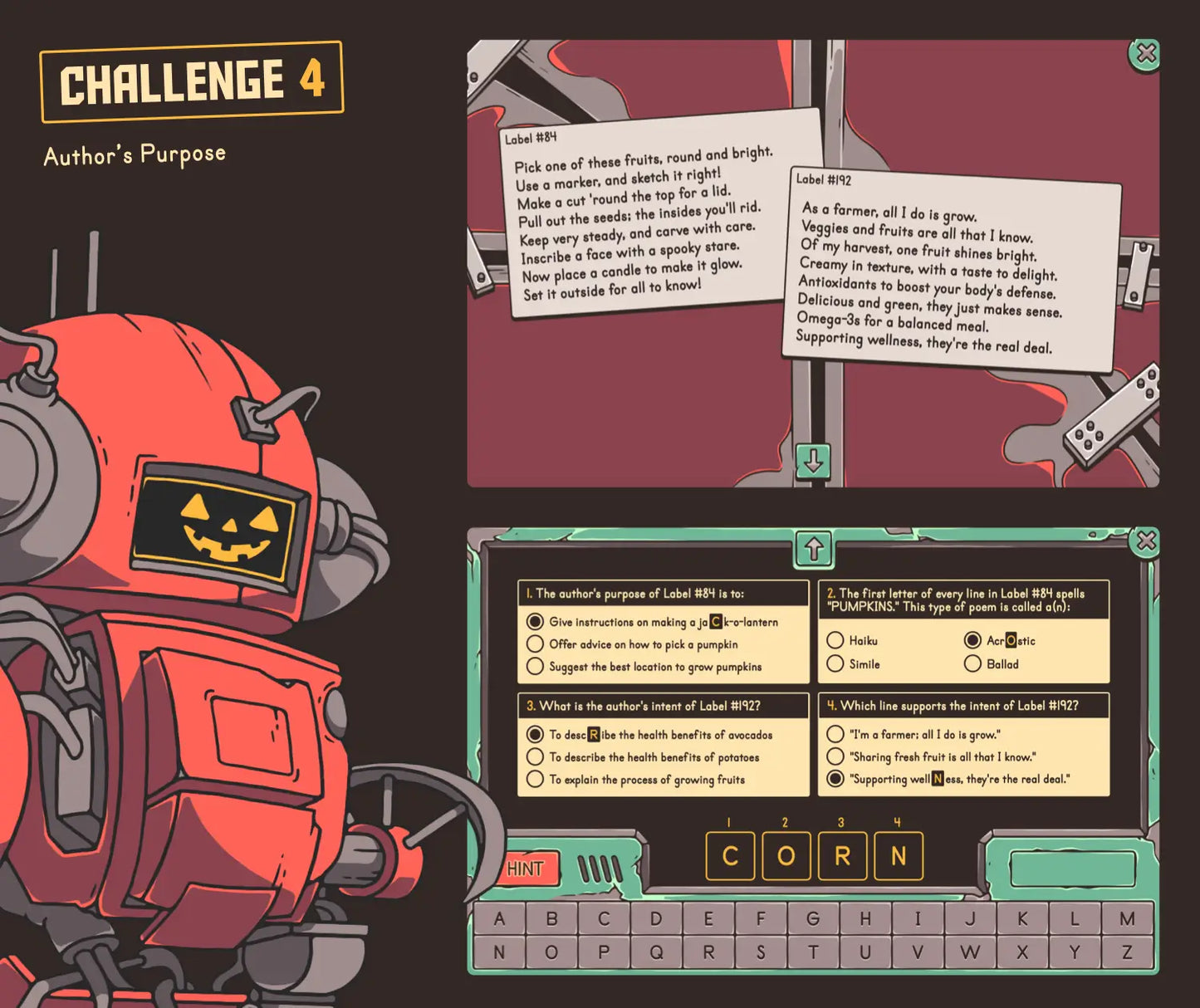 Digital autumn reading game focused on comparing author's purpose in poetry.