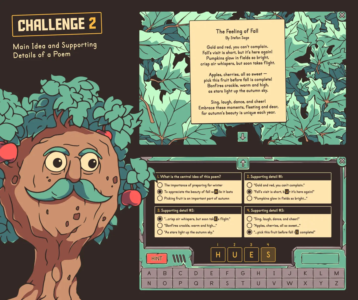 Online main idea and supporting details of a poem game with an autumn theme.