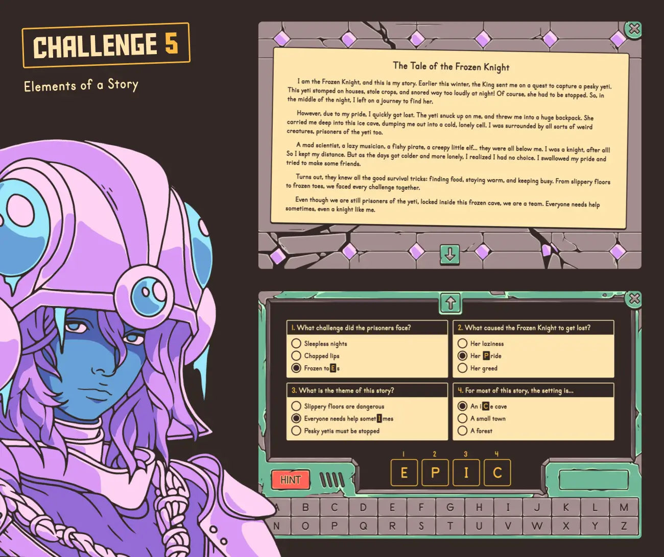 Online story elements activity with a winter-themed short story and a multiple-choice answer section.