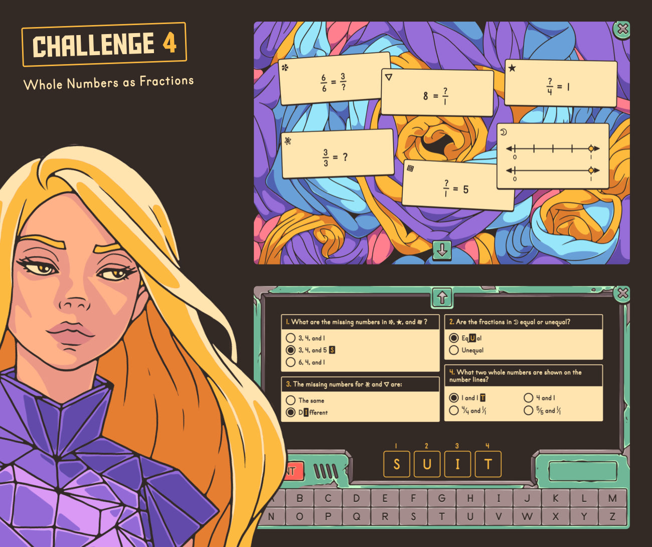 Digital whole numbers as fractions game with a multiple-choice section.