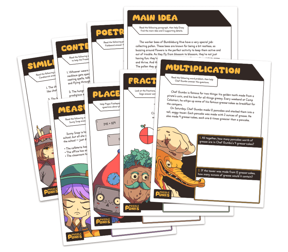 a group of printed worksheet pages covering 4th & 5th grade math and reading skills