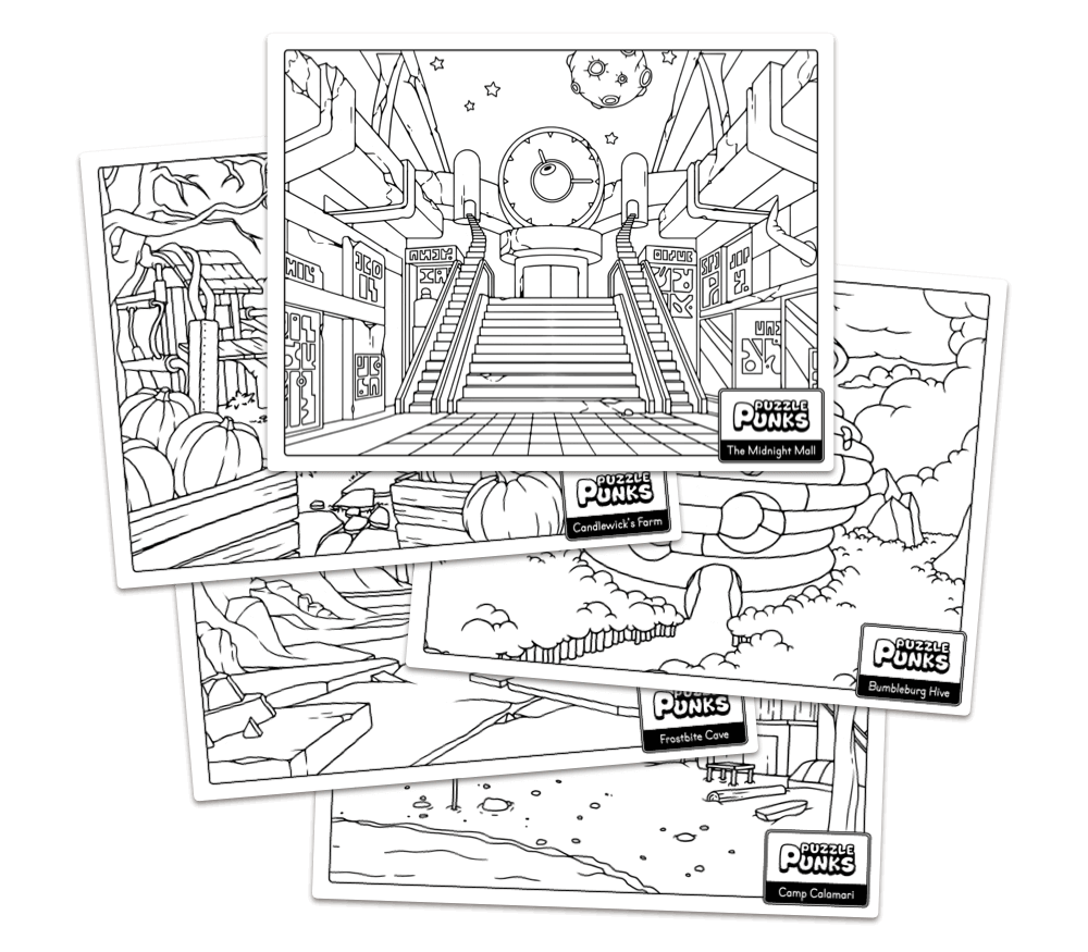 a group of printed coloring sheets containing several black-and-white landscape images