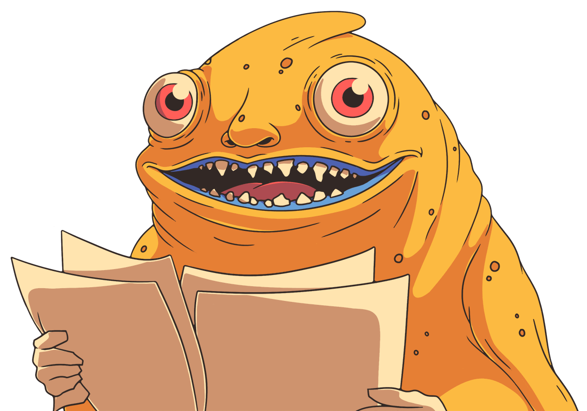 a smiling, yellow, slug-like character holding a bunch of papers