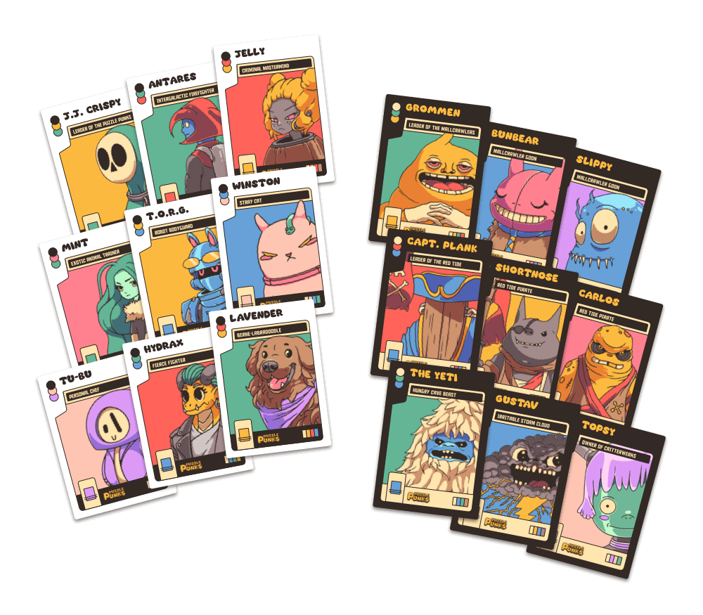 a collection of colorful trading cards containing a variety of strange character designs