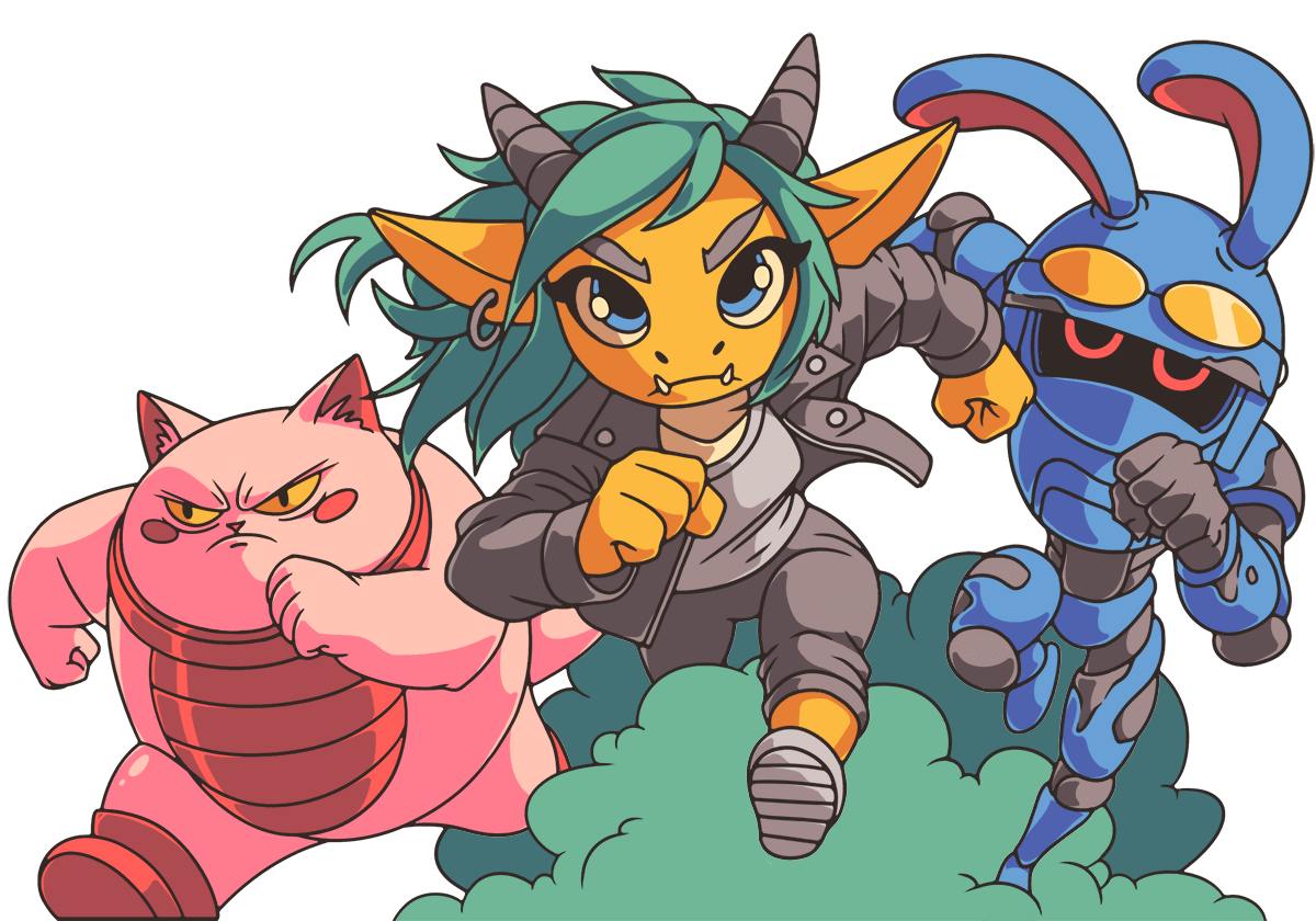 a group of quirky characters charging forward: a pink cat, yellow dragon, and blue robot