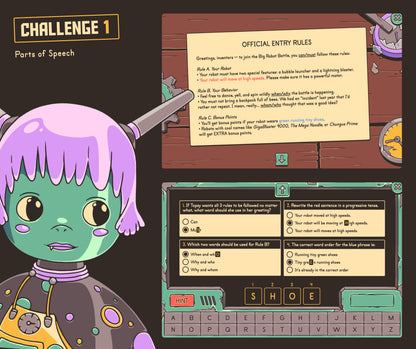 Digital parts of speech review activity for 4th and 5th grade, covering modal auxiliaries, the progressive tense, pronouns, and word order.