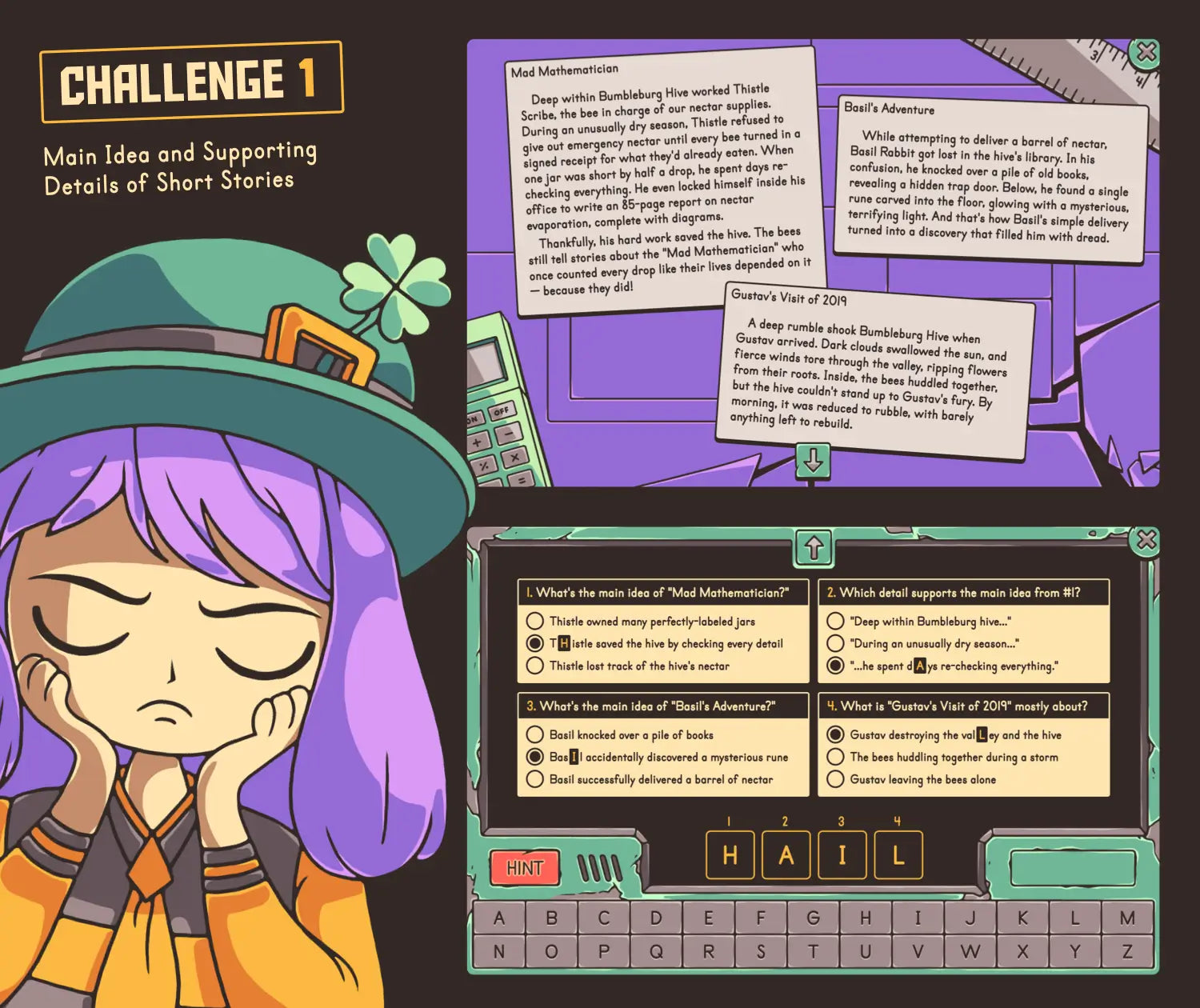 Spring main idea and supporting details of short stories game, with a multiple-choice section.