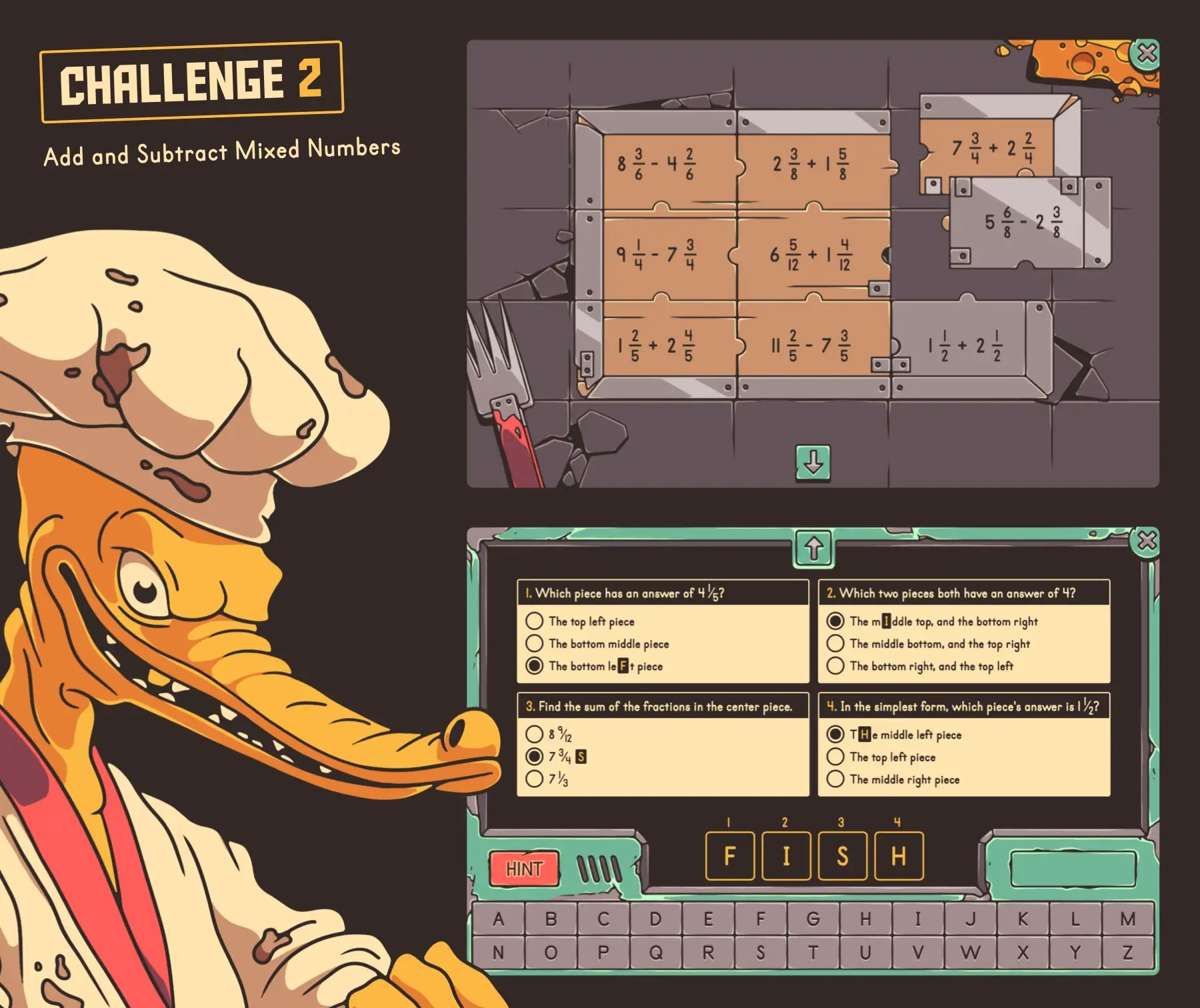Virtual summer adding and subtracting mixed numbers review game for 4th grade math test prep.