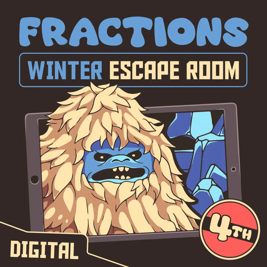 Digital winter escape room for 4th grade fractions entitled "Puzzle Punks: The Yeti and the Yams."