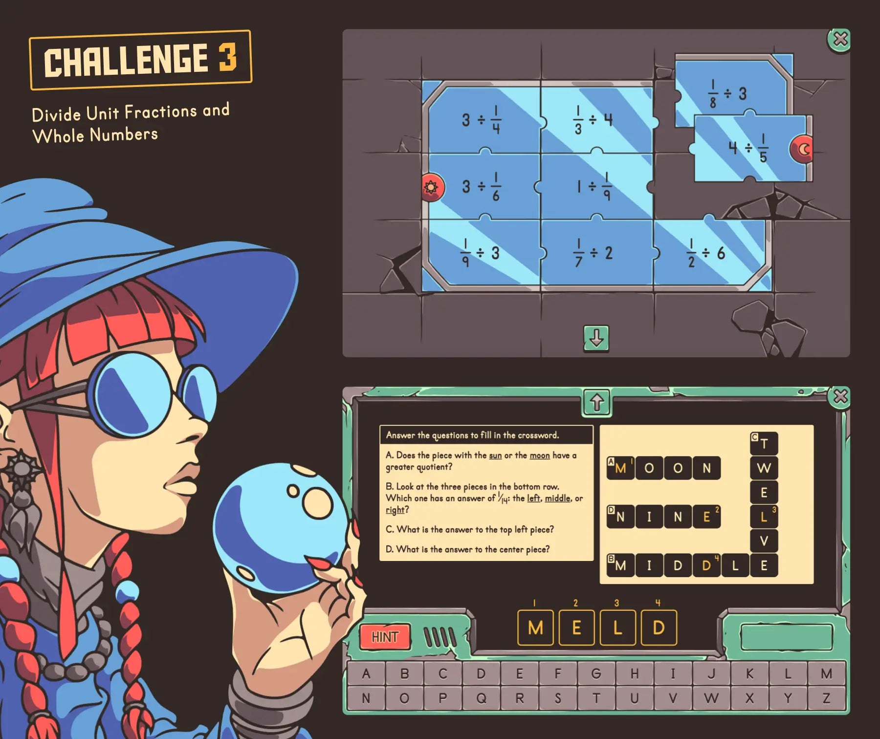 Digital dividing unit fractions and whole numbers summer escape room game for fifth grade math test prep.