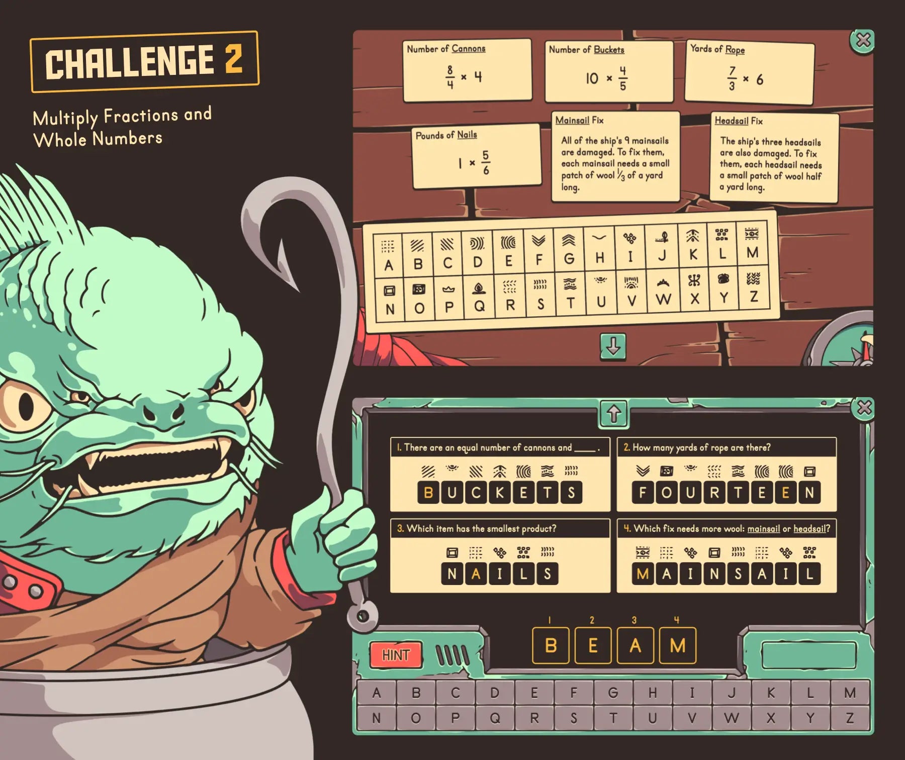 Virtual summer multiplying fractions and whole numbers review game for 5th grade math test prep.