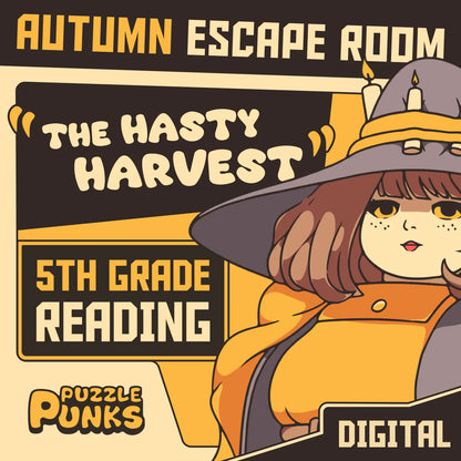 Cover image for "Puzzle Punks: The Hasty Harvest" — a 5th grade fall reading comprehension escape room for digital devices.